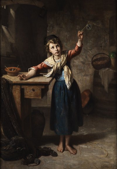 Girl Blowing Soap Bubbles by Eugène François Fines